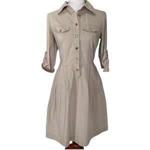 Tory Burch Tan Safari Shirt Dress Gold Buttons Pockets Midi Cotton Size 10